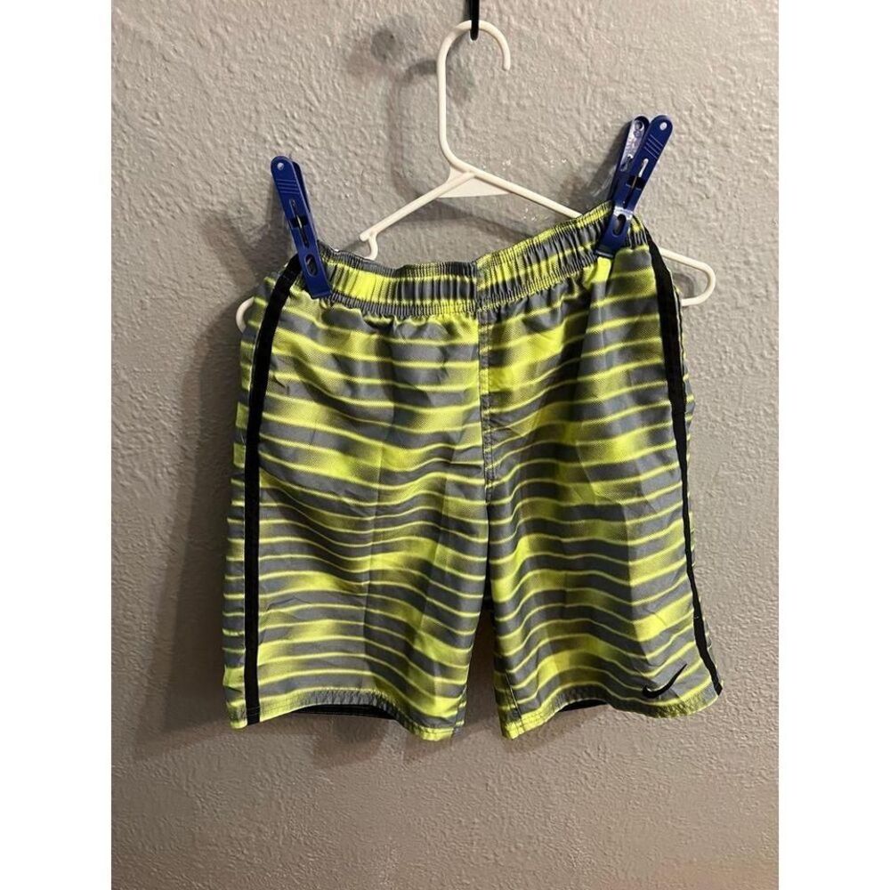 Boys Nike lime yellow‎ black gray striped swimming trunk size large